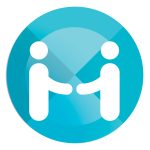Icon for national standard 2, partnering with consumers. A light blue circle of two people icons shaking hands.