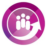 Icon for National Standard 5, comprehensive care. A pink circle with 3 people icons.