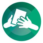Icon for National Standard 6, Communicating for Safety. A teal circle with hands exchanging information.