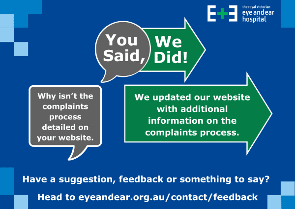A blue, green and grey infographic tile titled You Said, We Did, detailing feedback about wanting more information on the feedback process on the website and how it was added.