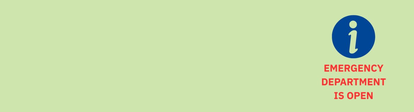 A light green banner with a blue information graphic. Text in red underneath reads 'Emergency Department is open'.