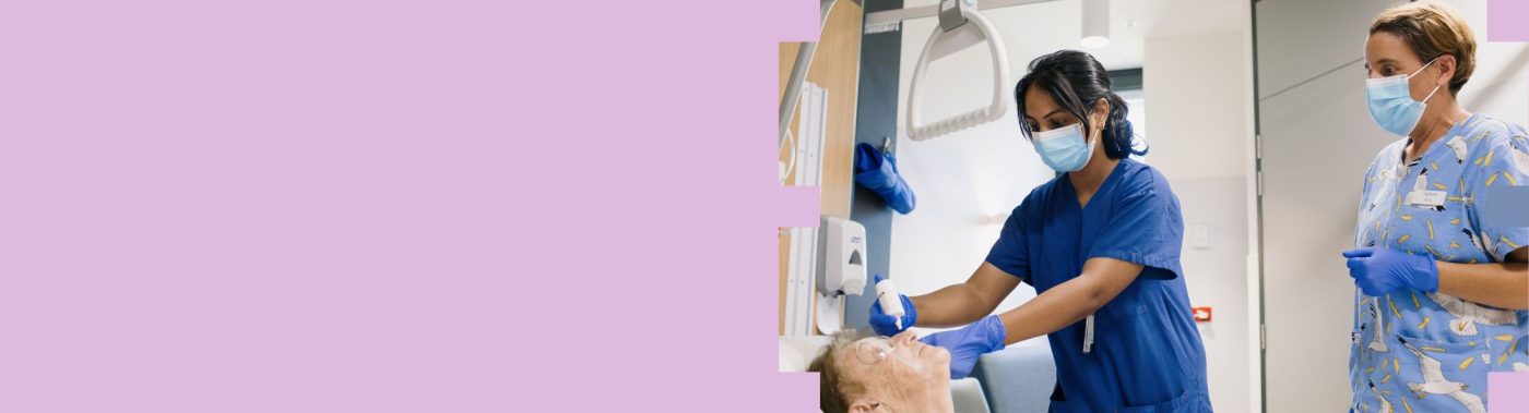 A lilac coloured banner with a photo of two nurses and a patient to the right hand side. One nurse is supervising another as she instills eye drops into the patient's eye.