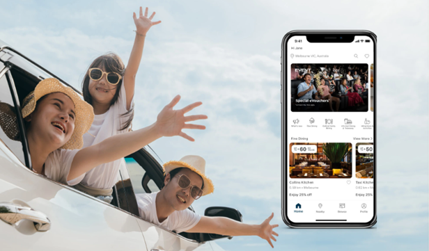 Two adults and one child with heads poking out of a white car. A phone is super imposed on the right showing and application.