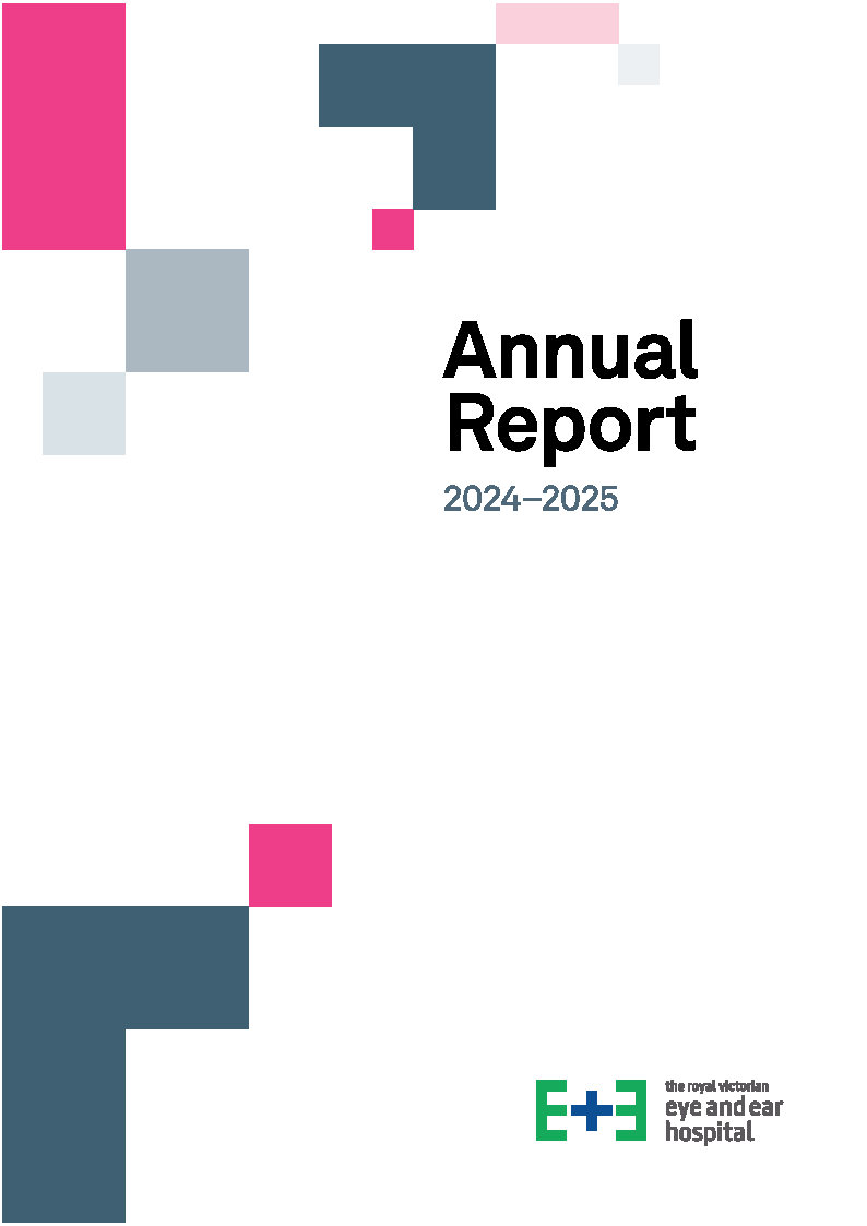 The front cover of the 2024-2025 Annual Report. a white page with dark teal, pink and dark grey tessellating squares and black text "Annual Report 2024-2025."