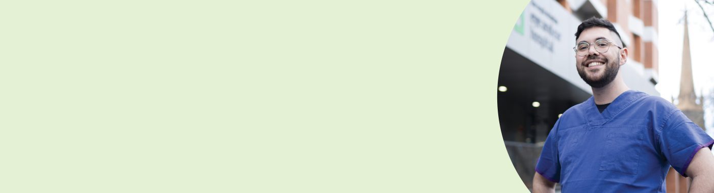 A green banner with a photo of a man in a blue scrub top smiling at the camera.