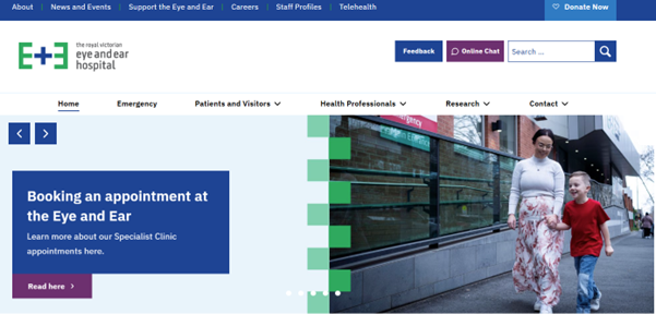 An image of the front page of our website featuring a banner directing patients to more information on how to book appointments.