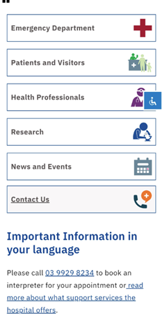 A screenshot of the front page of our website on a mobile, showing 'Important information in your language' under important pages.
