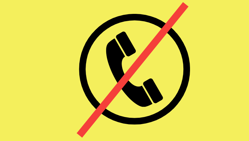 Yellow tile with a graphic of a black phone with a red line crossed through it.