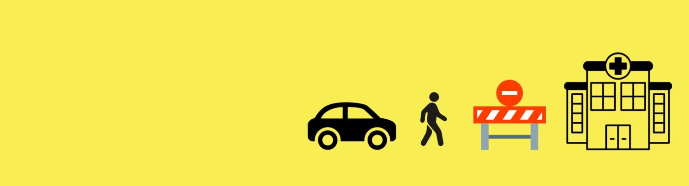 A yellow block with icons of a car, a person, roadworks barriers and a hospital